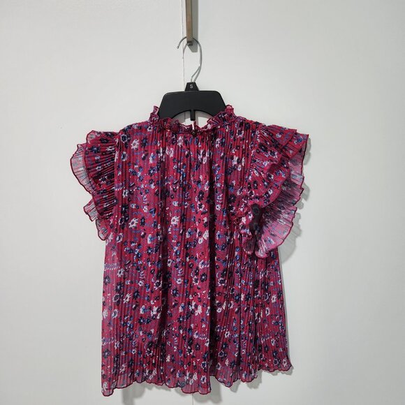 Anthropologie Frieda Sheer Pleated Short Sleeve Pink with Floral Blouse- Small - Picture 6 of 8